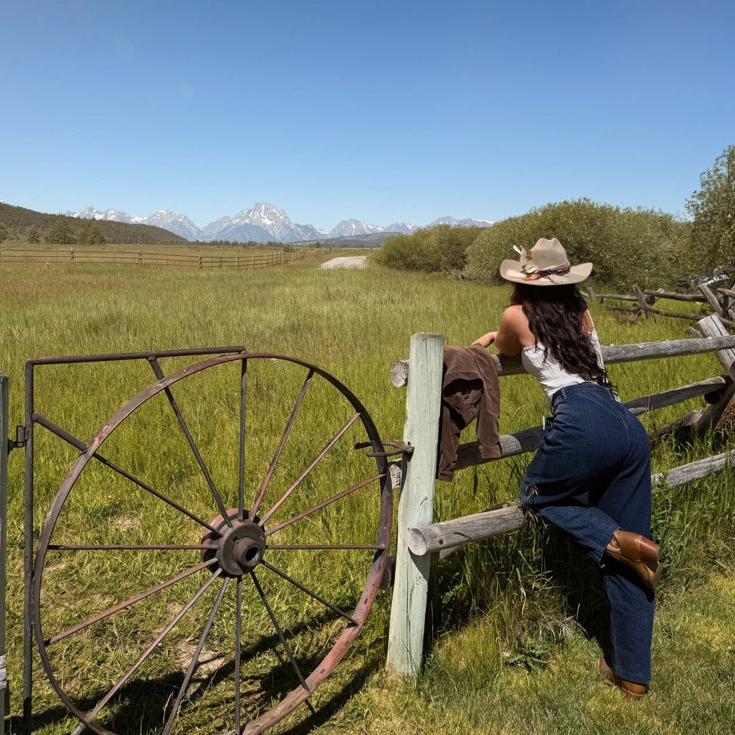 A woman in a cowboy hat, white sleeveless top, and blue jeans leans against a rustic wooden fence next to an old metal wagon wheel, looking out over a grassy field toward distant mountains under a clear blue sky.